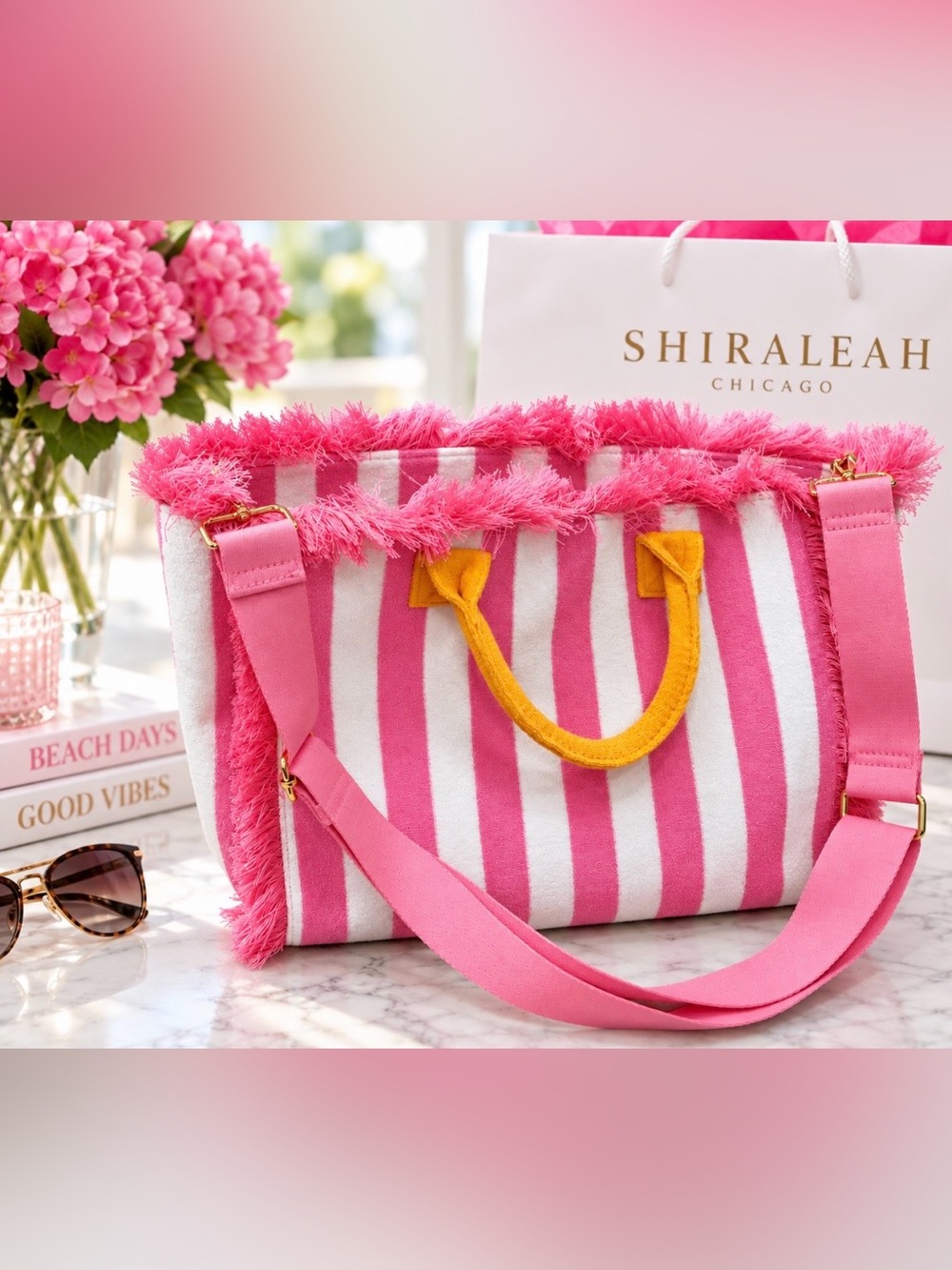 Shiraleah Pink Stripe Tote Bag with orange Handles